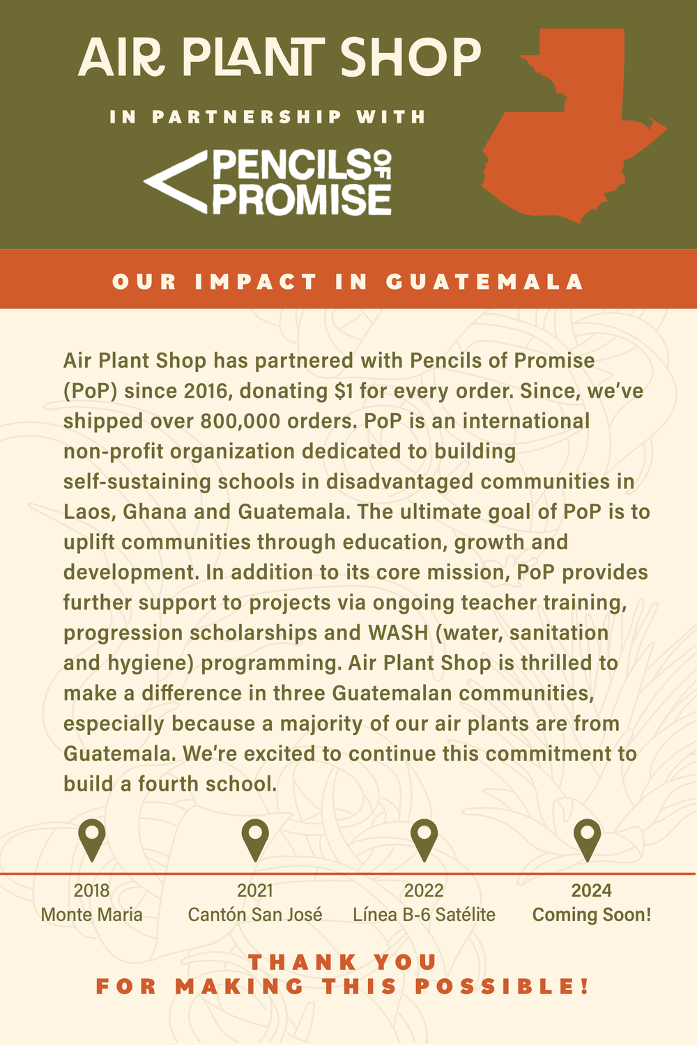 Air plant shop tillandsia care card back side with information about our schools in Guatemala