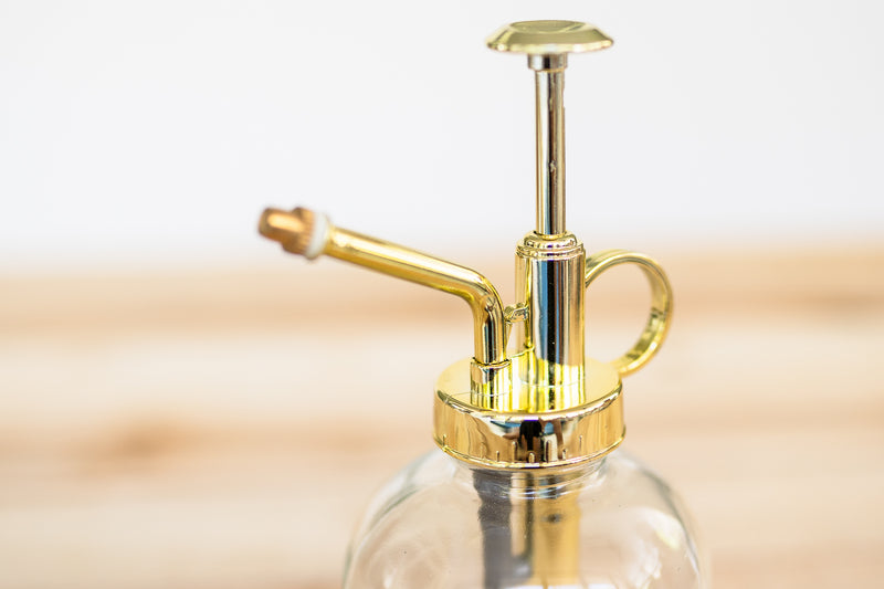 glass water mister with gold color accented misting nozzle 
