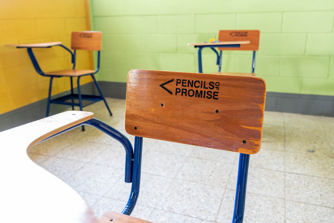 Desk chairs engraved with Pencils of Promise
